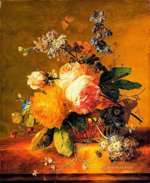 Flores en una cesta sobre una repisa de mármol Flores clásicas de Jan van Huysum Pinturas al óleo